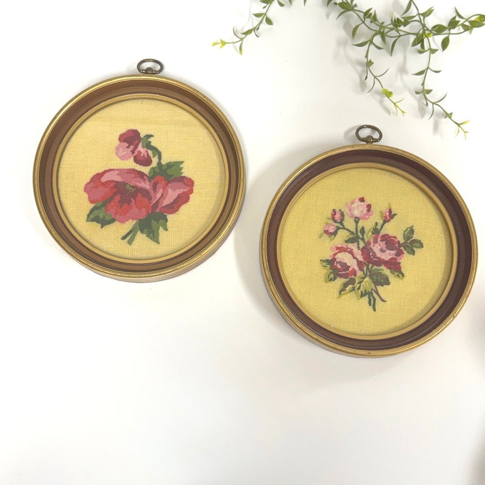Vintage Floral Needlepoint Round Gold Framed Wall Art Red Pink Roses- Set of 2